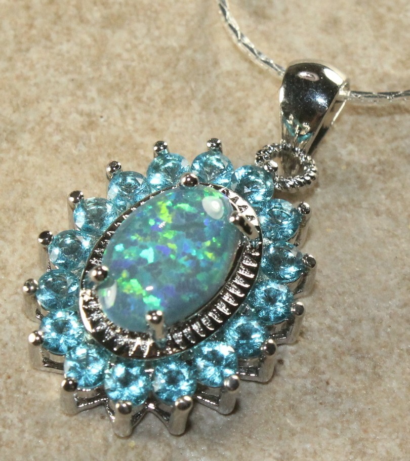 SILVER Elegant Blue Fire Opal & Sky Blue Topaz Oval Pendant Necklace WP40502