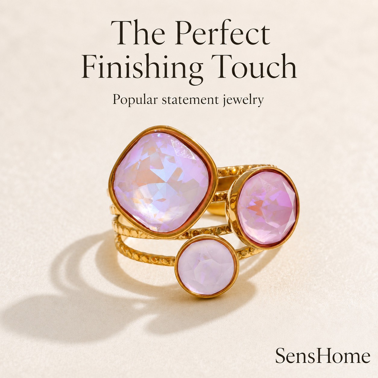 Women’s Pink Crystal Statement Ring Gold Tone Stainless Steel Adjustable