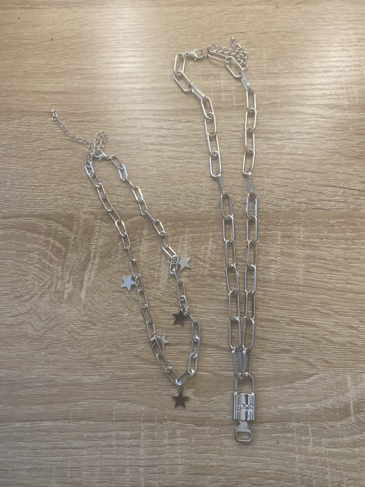 2pc Silver Paperclip Chain Necklace Set Star Charm Padlock Pendant