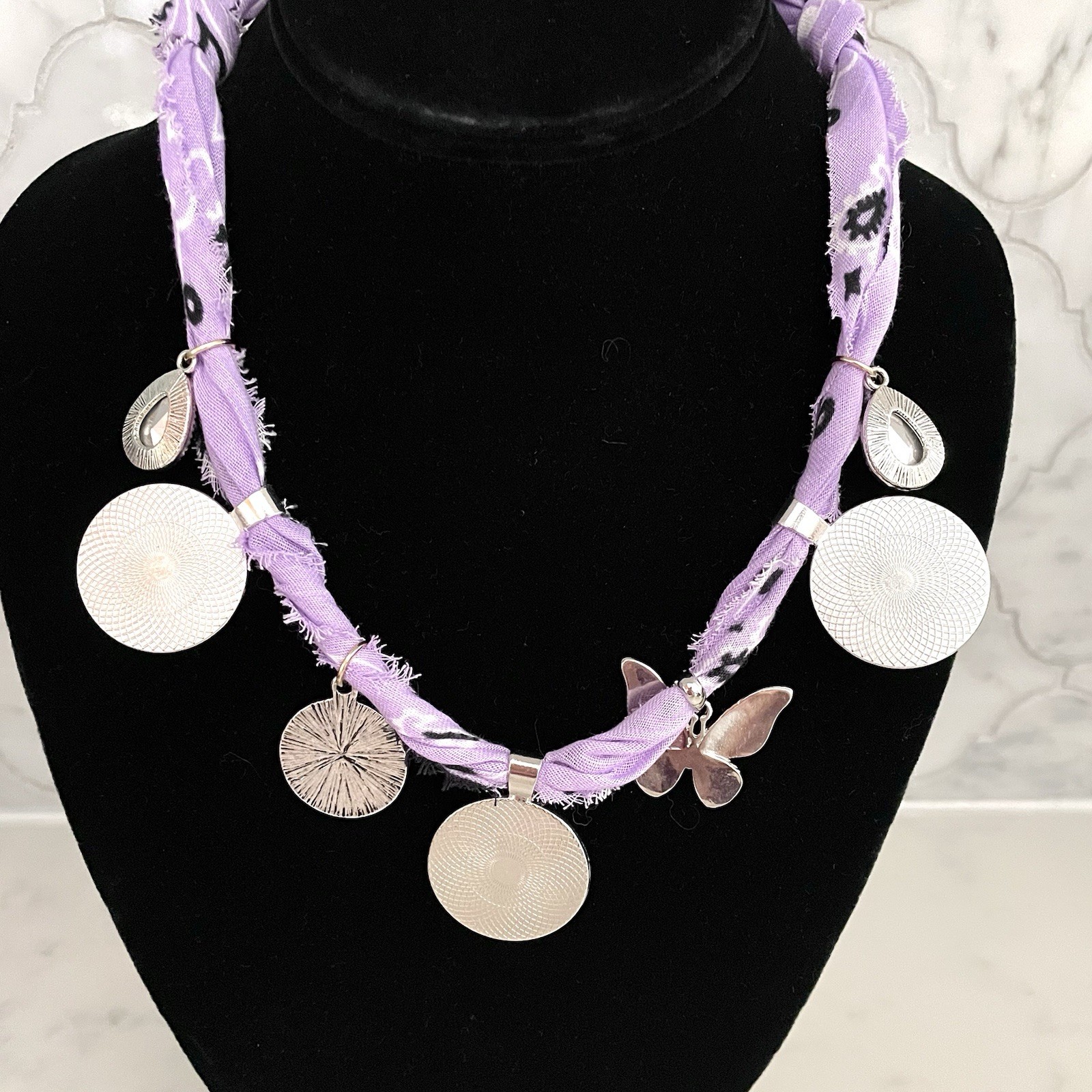 Fluid Art Paint Pour Handmade Charm Bandana Necklace Purple, Teal