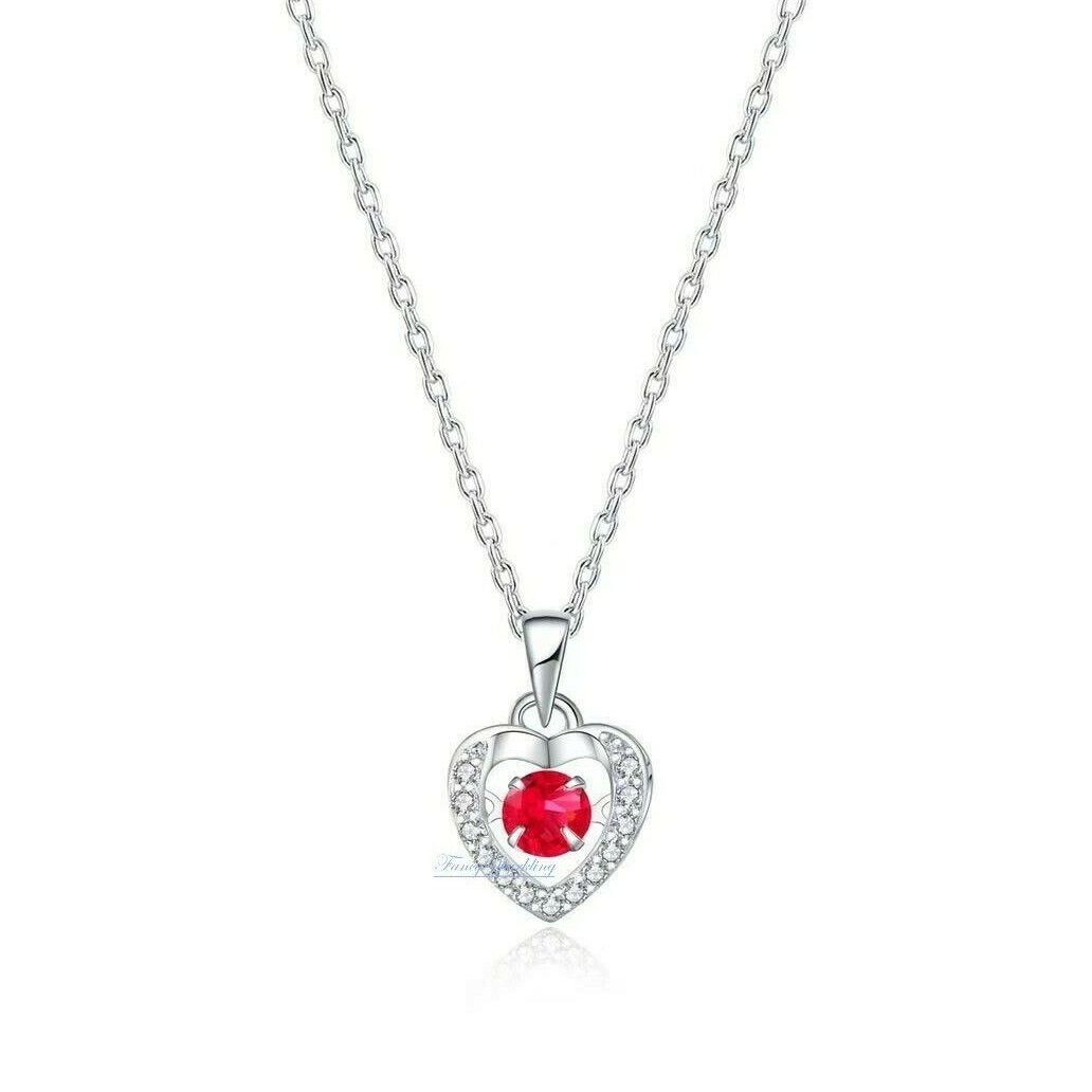 1 Ct Women’s Heart Pendant Necklace Chain Dancing Stone Solid Silver