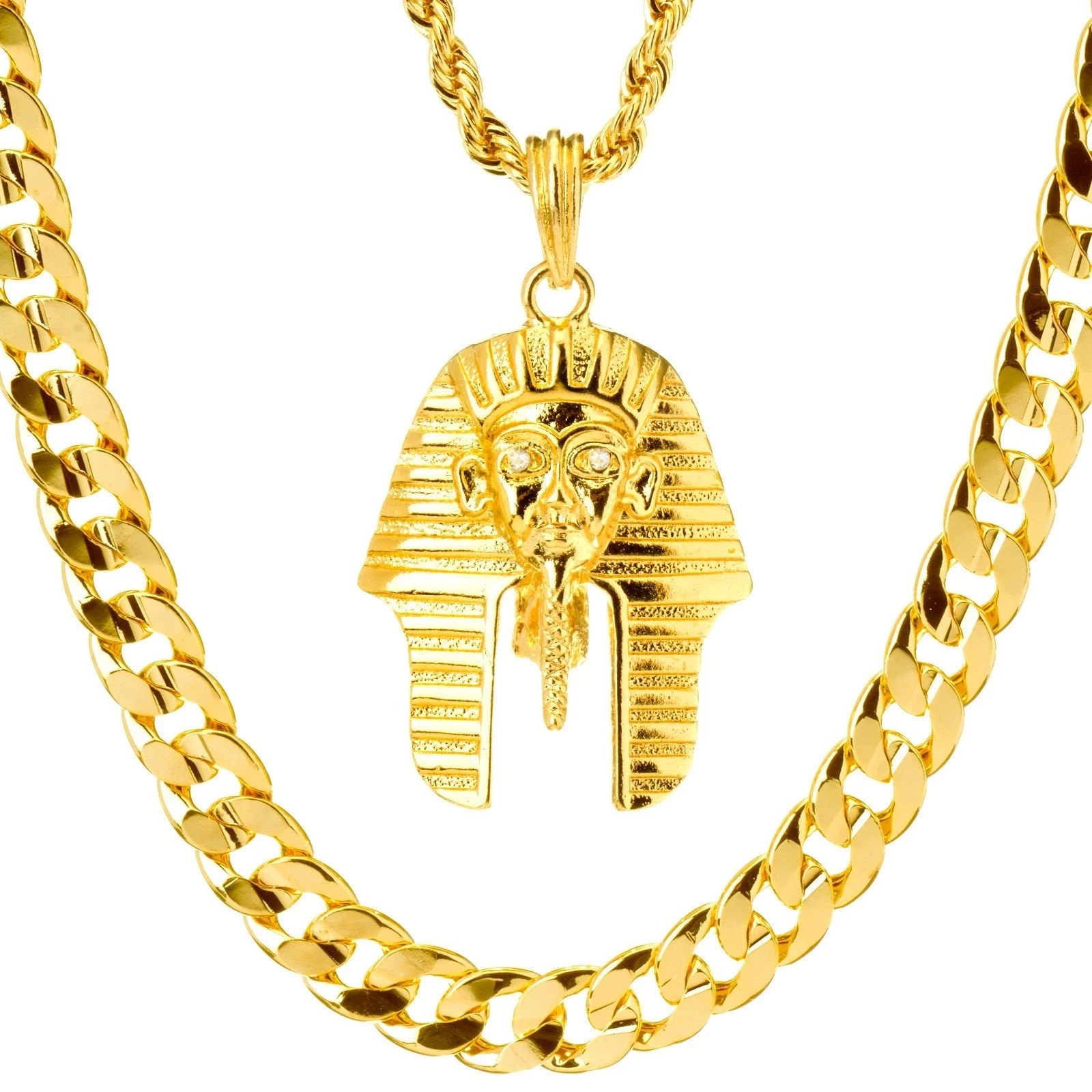 Mens Gold Plated Egyptian Pharaoh Pendant 22″ Rope Chain 30″ Concave Cuban Chain