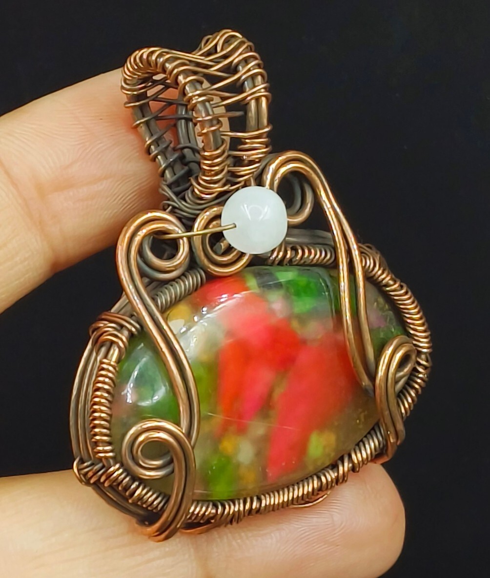 Copper Agate Gemstone Copper Wire Wrapped Handmade Jewelry Pendant
