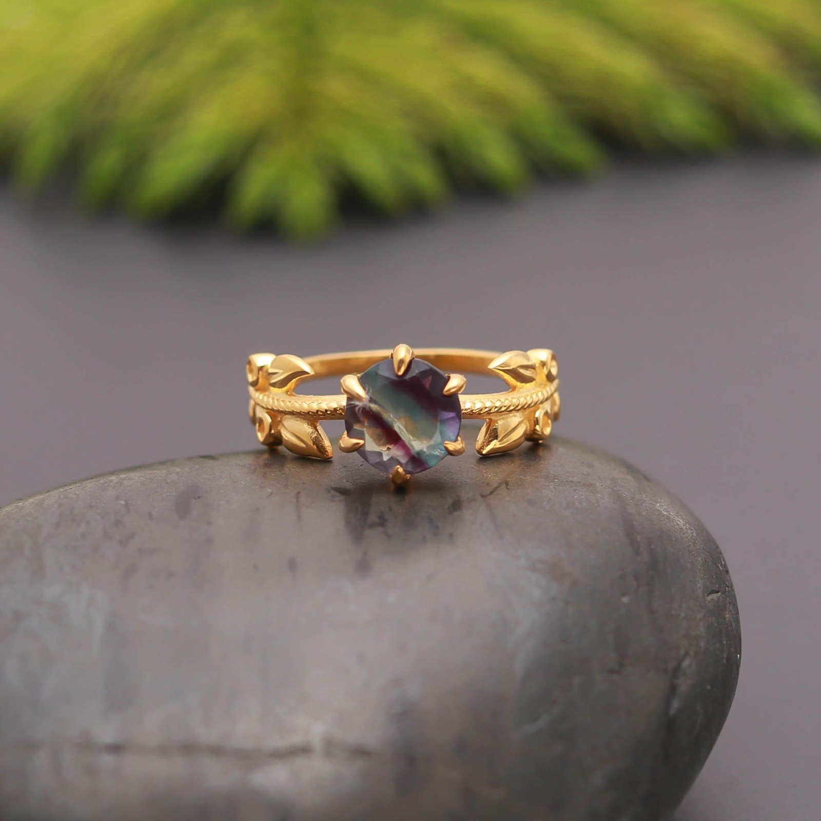 Natural Rainbow Fluorite Round Leaf Ring 925 Sterling Silver Gold Plated Jewelry