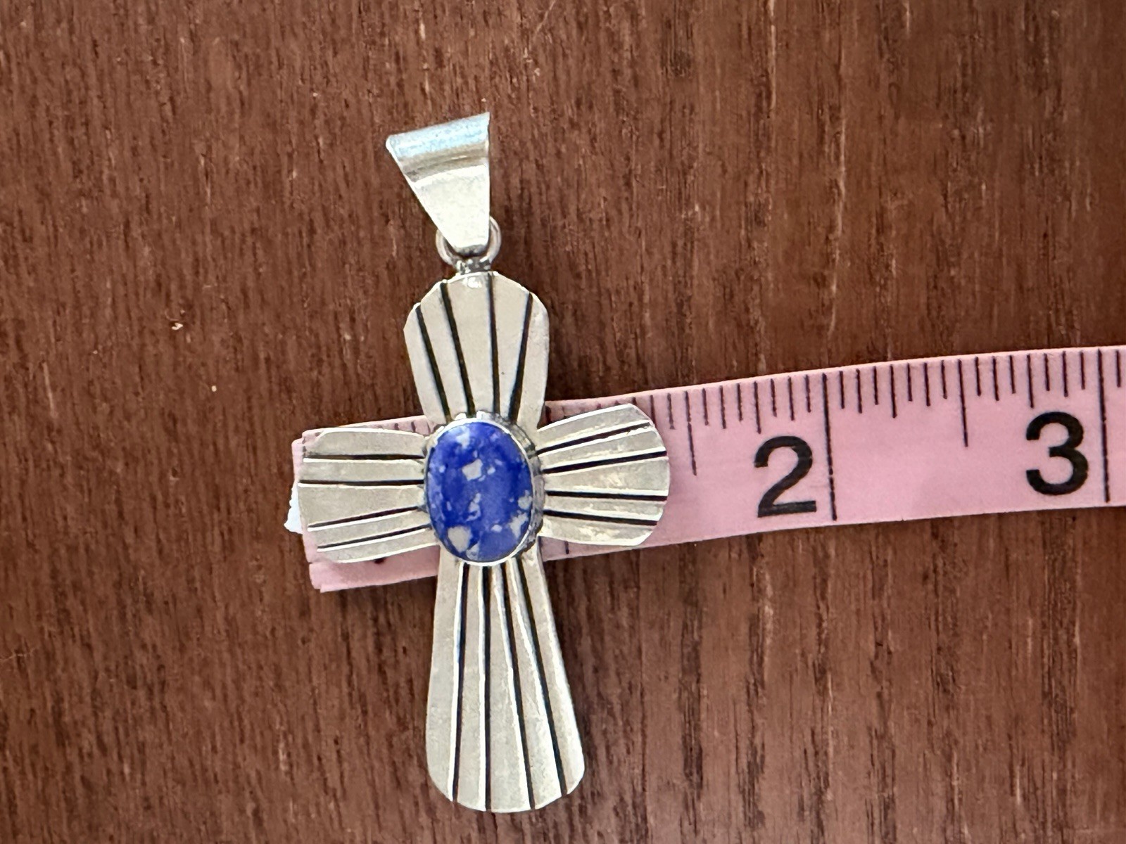 925 Sterling Silver Cross Pendant Bezel Set Oval Lapis Blue Signed 17.6 grams