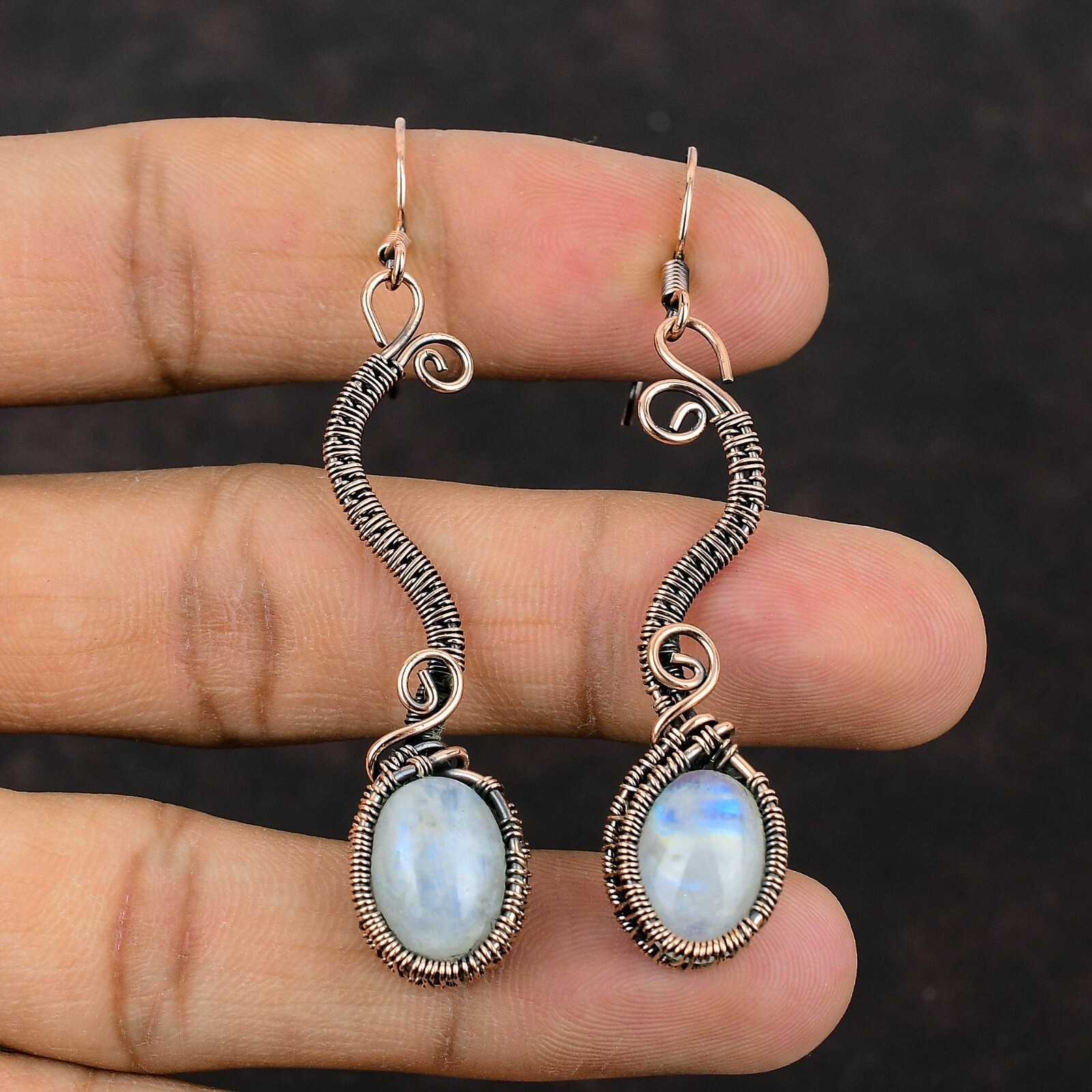 Rainbow Moonstone Copper Gift For Mother Wire Wrapped Drop/Dangle Earrings 2.72″