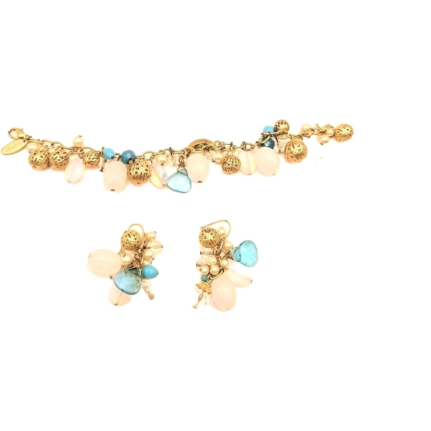 Bracelet Earrings Set Gold Tone Fashion Jewelry white Blue Gold Large Beads
