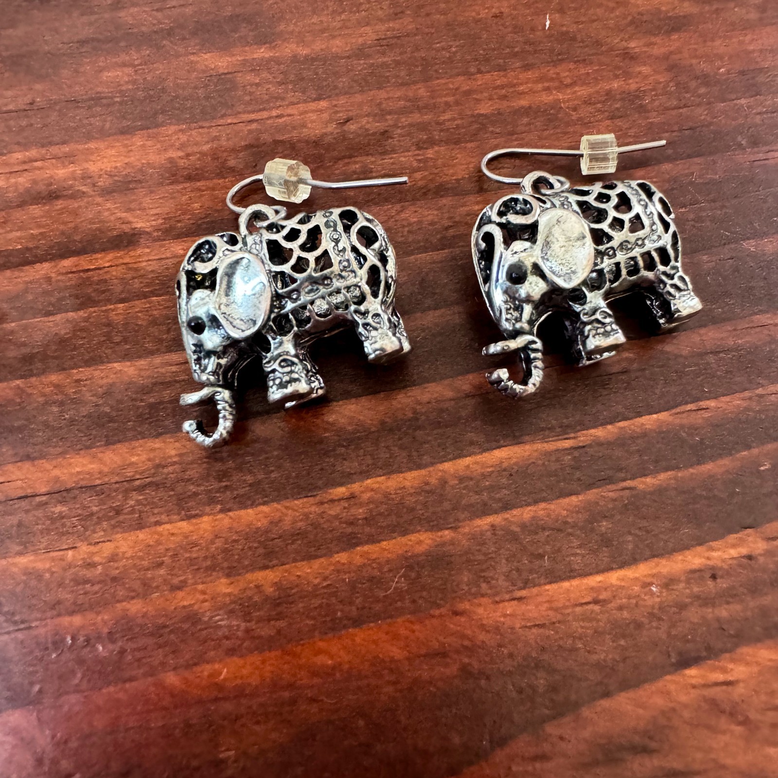 Silver Tone 3D Filigree Elephant Dangle Earrings Wire Hook Boho Cute Animals