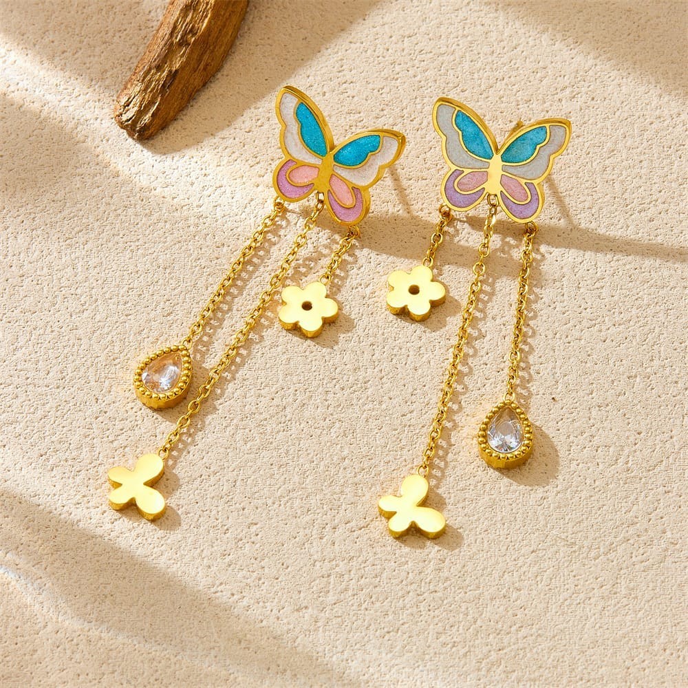 316L Stainless Steel Enamel Butterfly Tassel Jewelry Set for Women