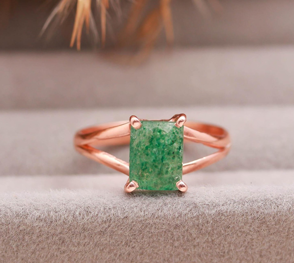 Natural Green Strawberry Octagon Ring Rose Gold Fill 925 Sterling Silver Jewelry
