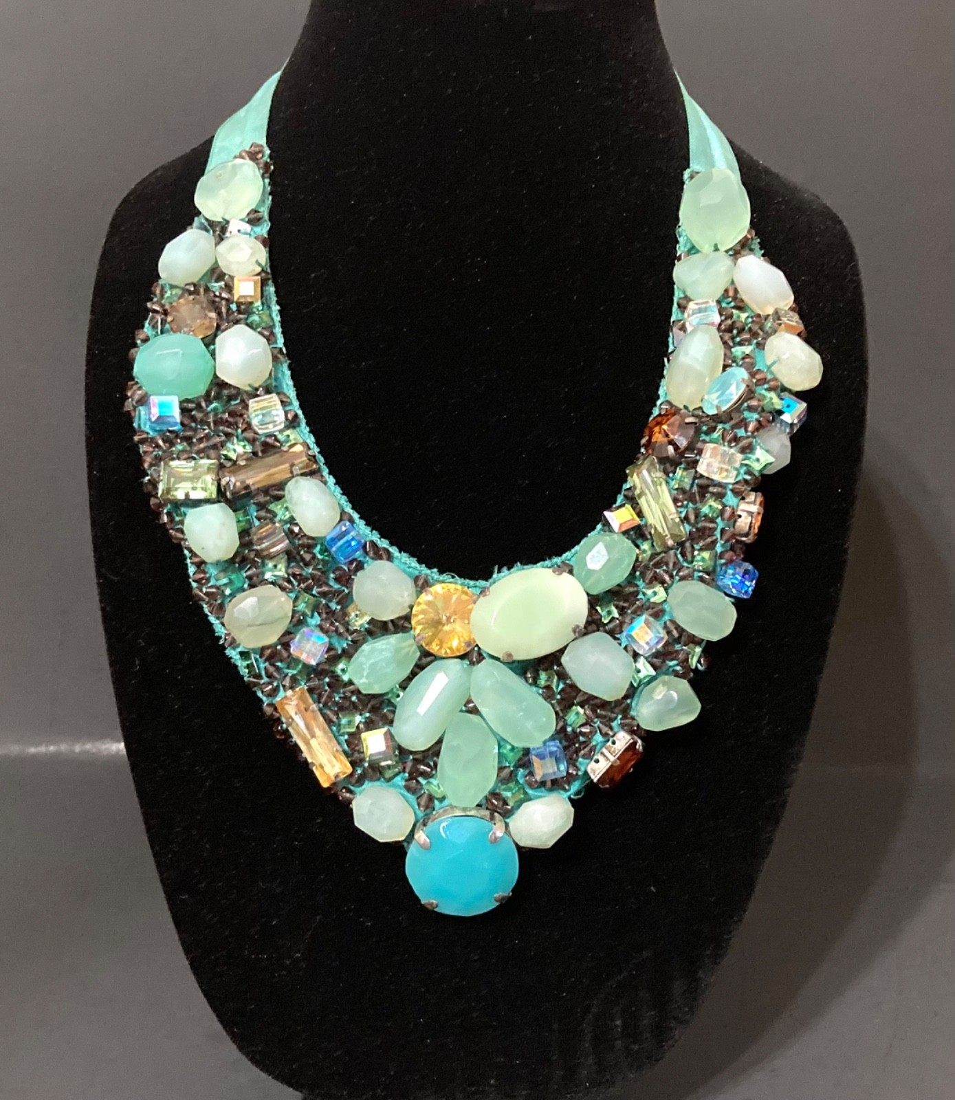 Designer Roberta Freymann Ribbon Bib Statement Necklace Gems Beads Stones