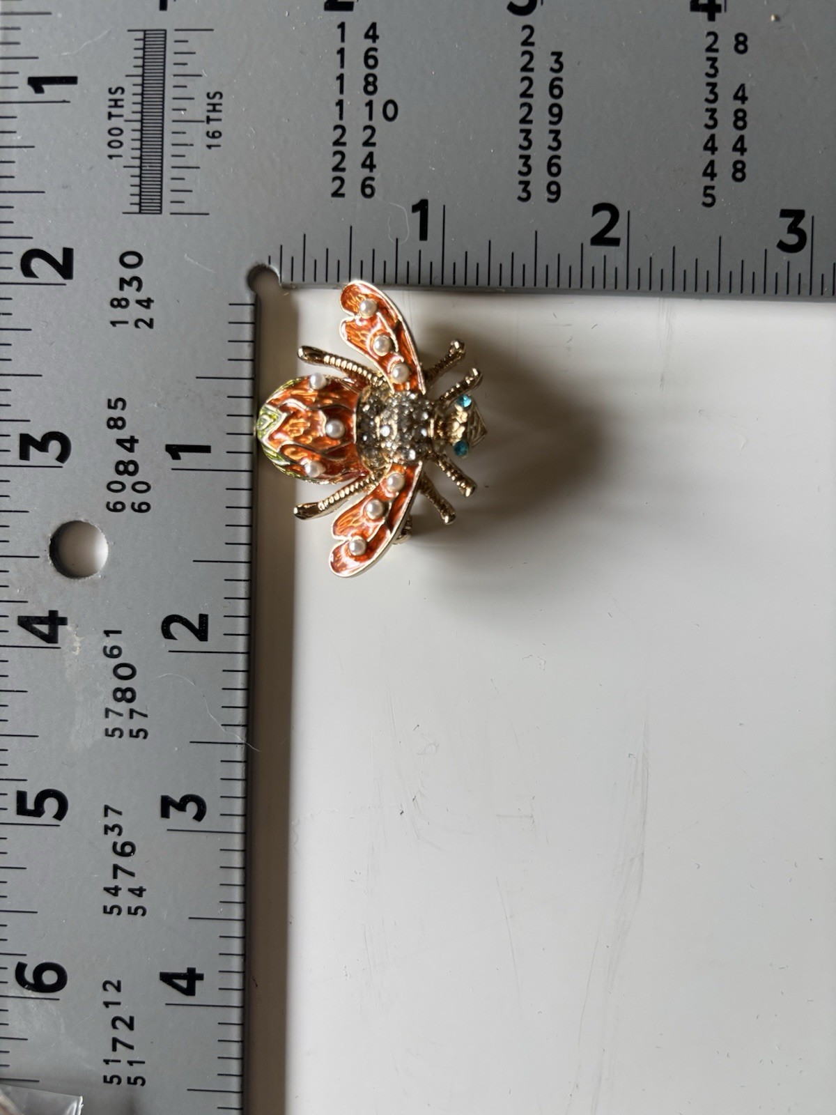 Vintage Bee Brooch Gold Tone Orange Enamel Faux Pearl Rhinestone Insect