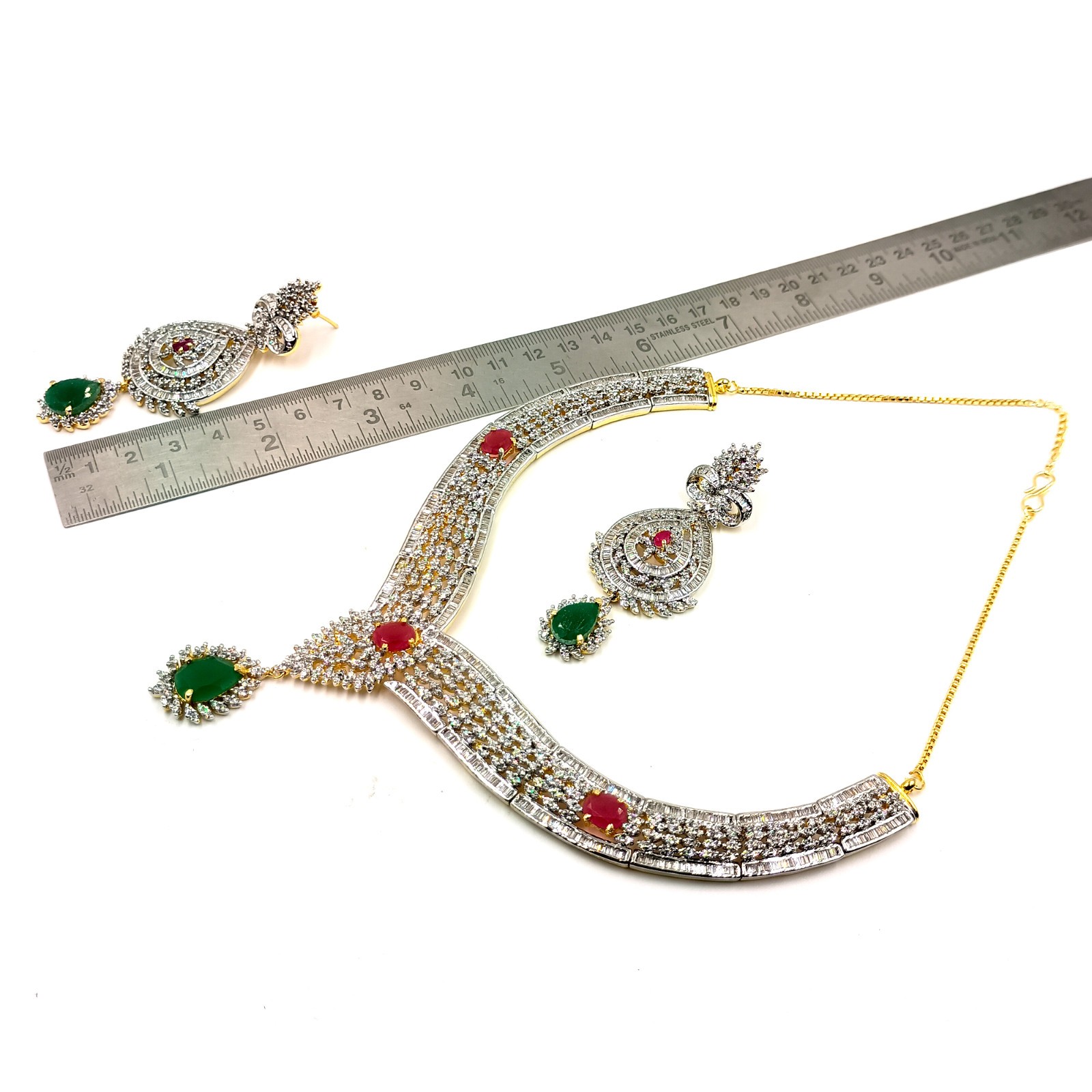 Traditional Emerald Ruby CZ Diamond Choker Necklace Set 22k Gold Plated