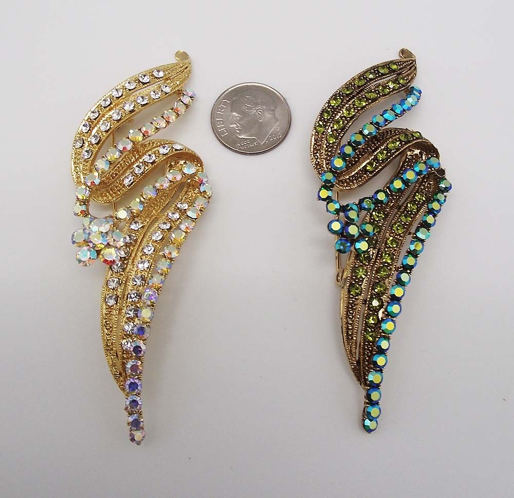 DESIGNER INSPIRED 3.5 in CLEAR GREEN A/B CRYSTAL GOLD FLORAL SWIRL PIN BROOCH