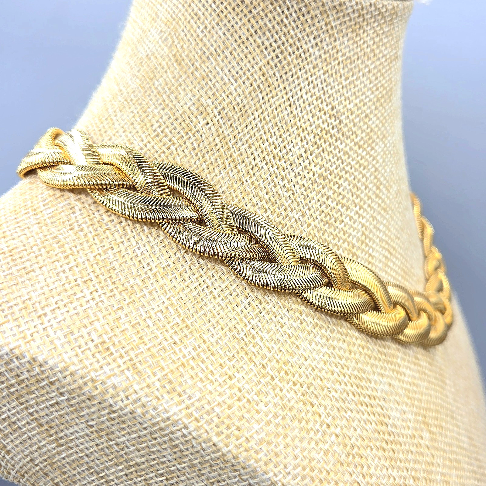 1990’s QVC Linda Dano Signed Gold Tone Triple Omega Chain Braided Necklace 17″