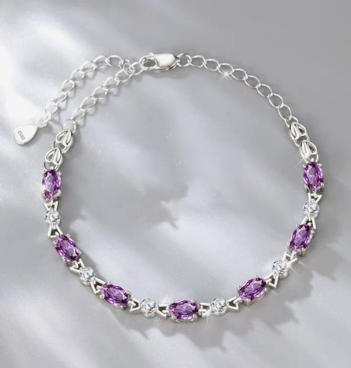 Elegant Purple+Clear Zircon Chain Link Splice Chain Bracelet Lobster w/Extended