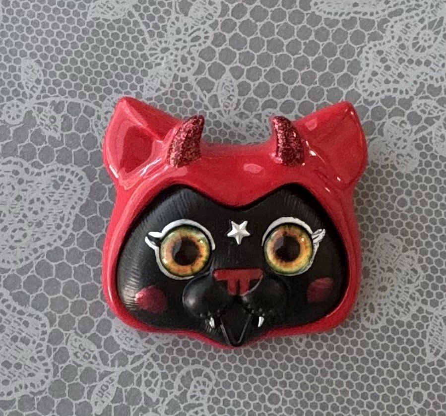 Black Cat / Red Devil Costume Halloween brooch pin / enamel on metal
