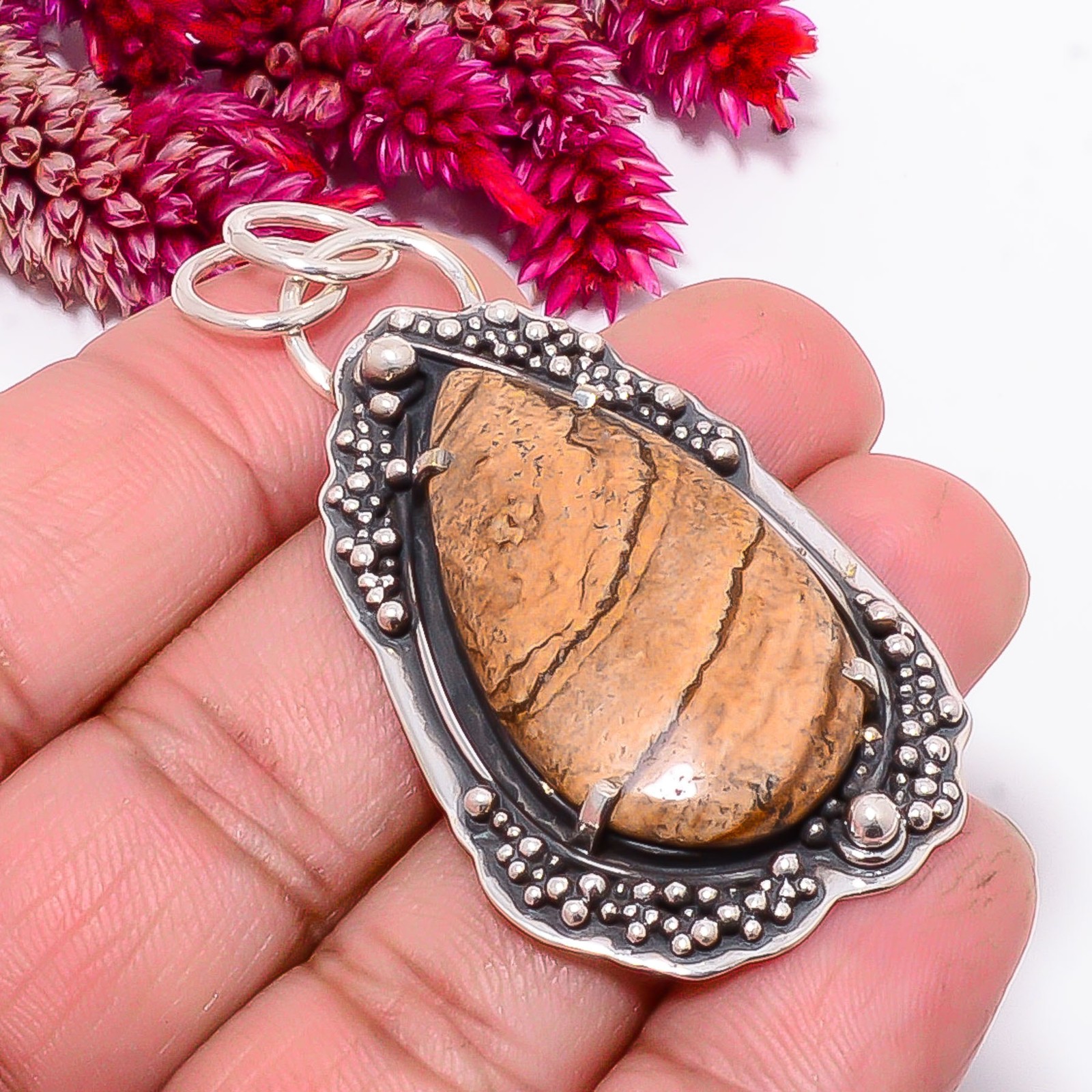 Picture Jasper Oxidised 925 Sterling Silver Pendant 2.34″ Sk2, Christmas Gift