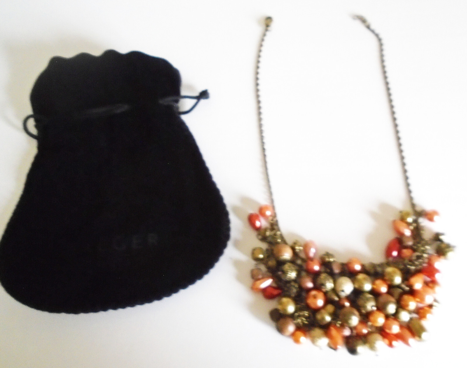 Jaeger Bib Statement Necklace brown gold beaded mesh bib & pouch vintage vgc
