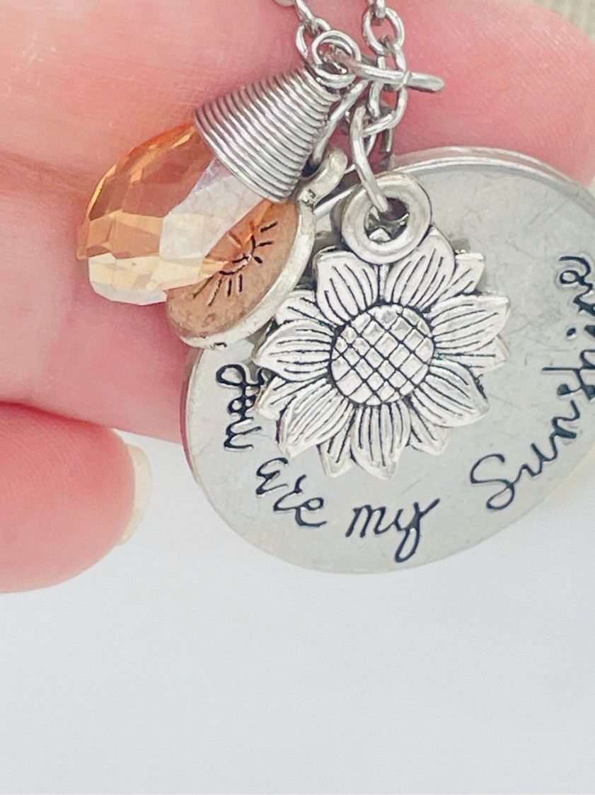 You Are My Sunshine Pendant Necklace Sunflower Peach Crystal Charm 22″