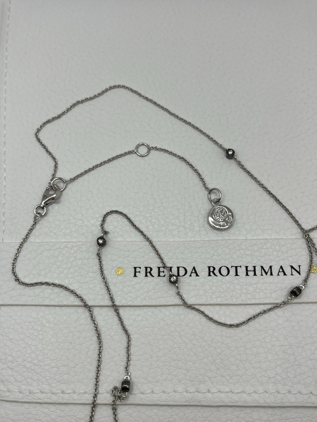 Freida Rothman Silver & Black CZ Bezel Set Station Necklace 36 Inch w/ Extender