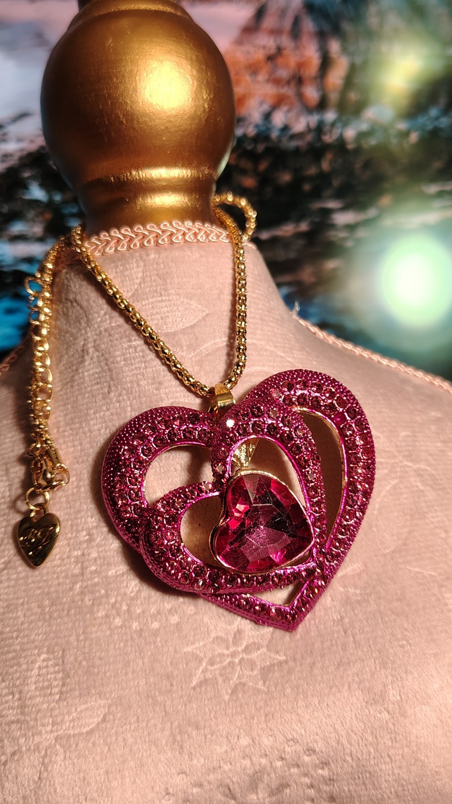 Betsey Johnson Fuscia Pink Rhinestone Triple Heart Necklace
