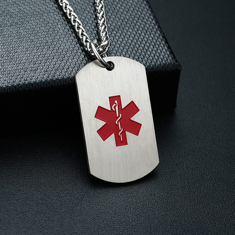 Medical Alert ID Necklace Pendant Stainless Steel Dog Tag Custom Engrave Laser