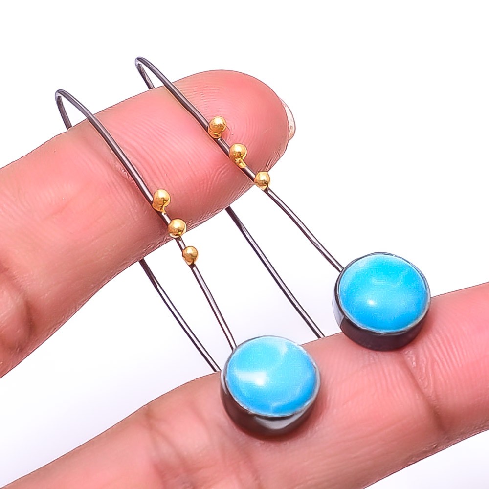Larimar 925 Sterling Silver Black And Gold Rhodium Plated Earring 1.95″ E52