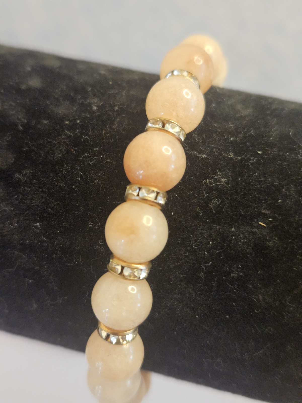 Pink Sunstone 8mm Round Beaded Stretch Bracelet w Golden Rhinestone Spacer Rings