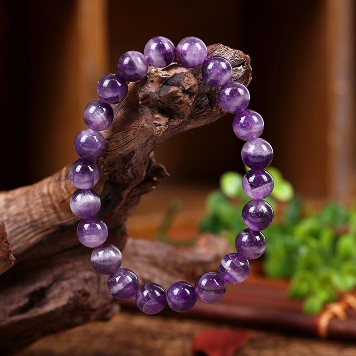 Amethyst Stretch Bracelet 10mm Purple Crystal Beaded February Birthstone Gift