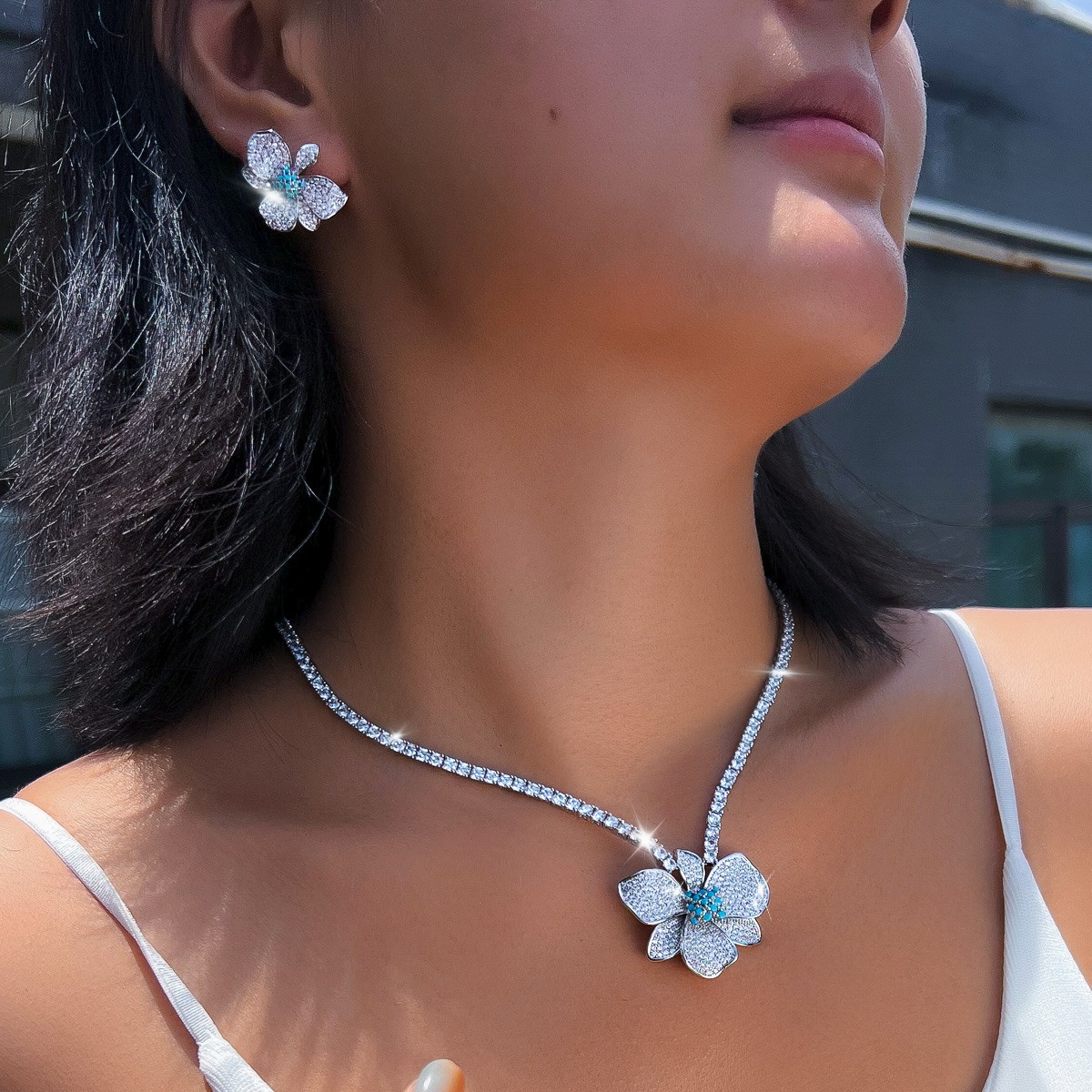 Silver Plated Big Flower Choker Necklace Earrings Bride CZ Turquoise Jewelry Set