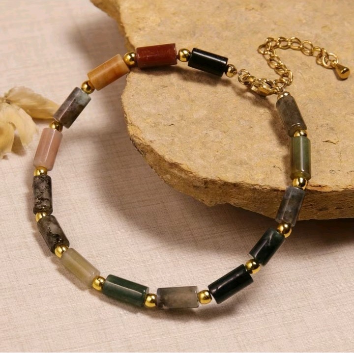 Multi Gemstone Indian Agate Unisex Bracelet In Golden Stainless Steel 7-8.5inc