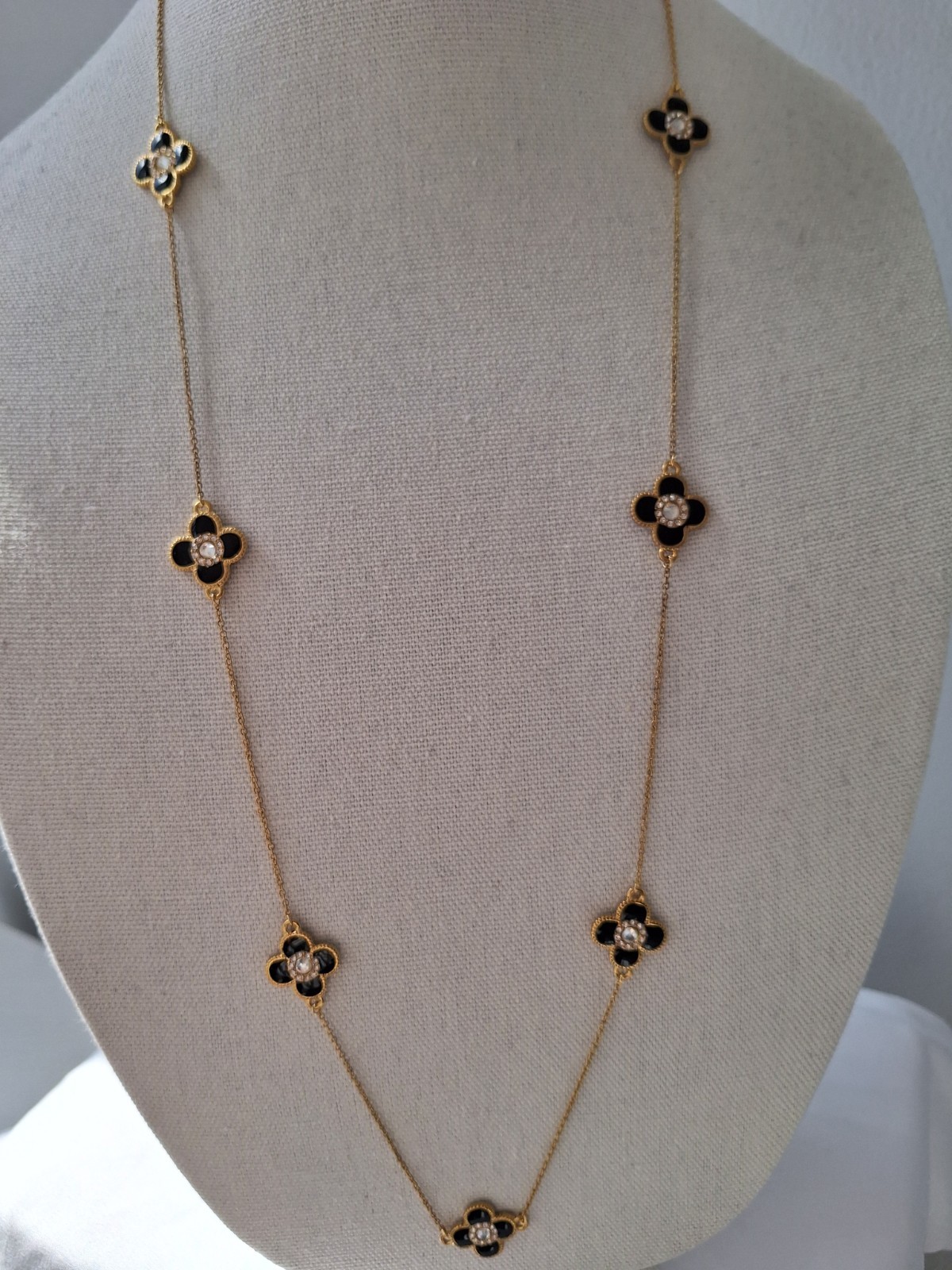 Gold Black Flower/clover Necklace, 36″ Long