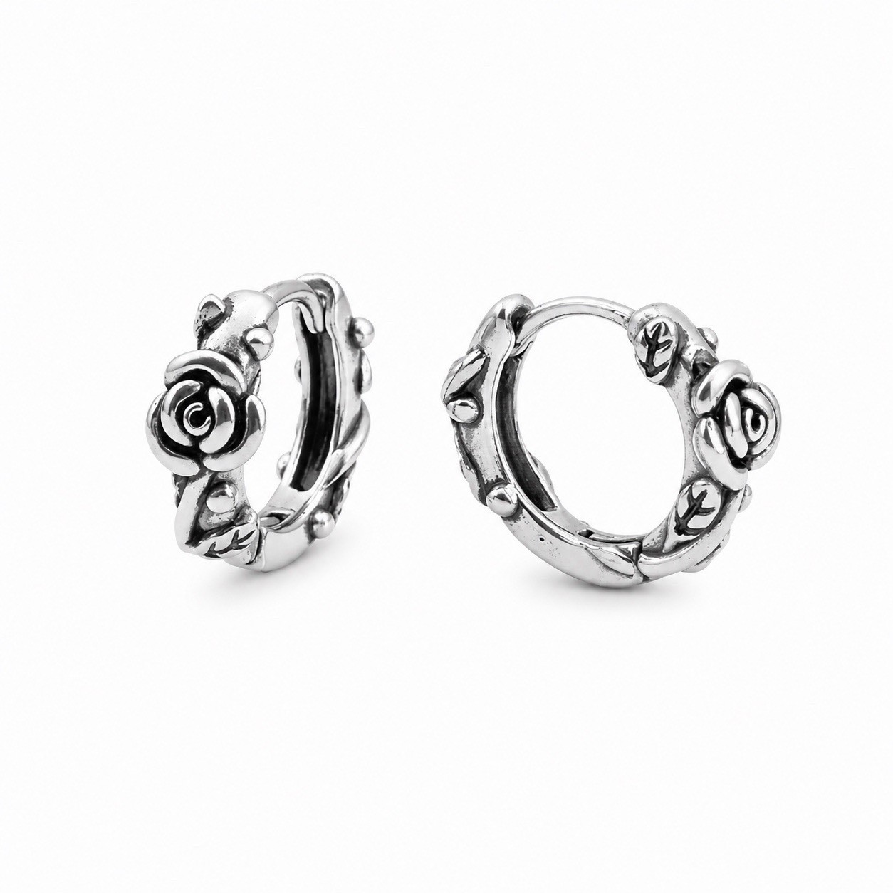 10mm Vintage Rose Huggie Hoop Earrings 925 Silver Floral Lobe & Cartilage 458