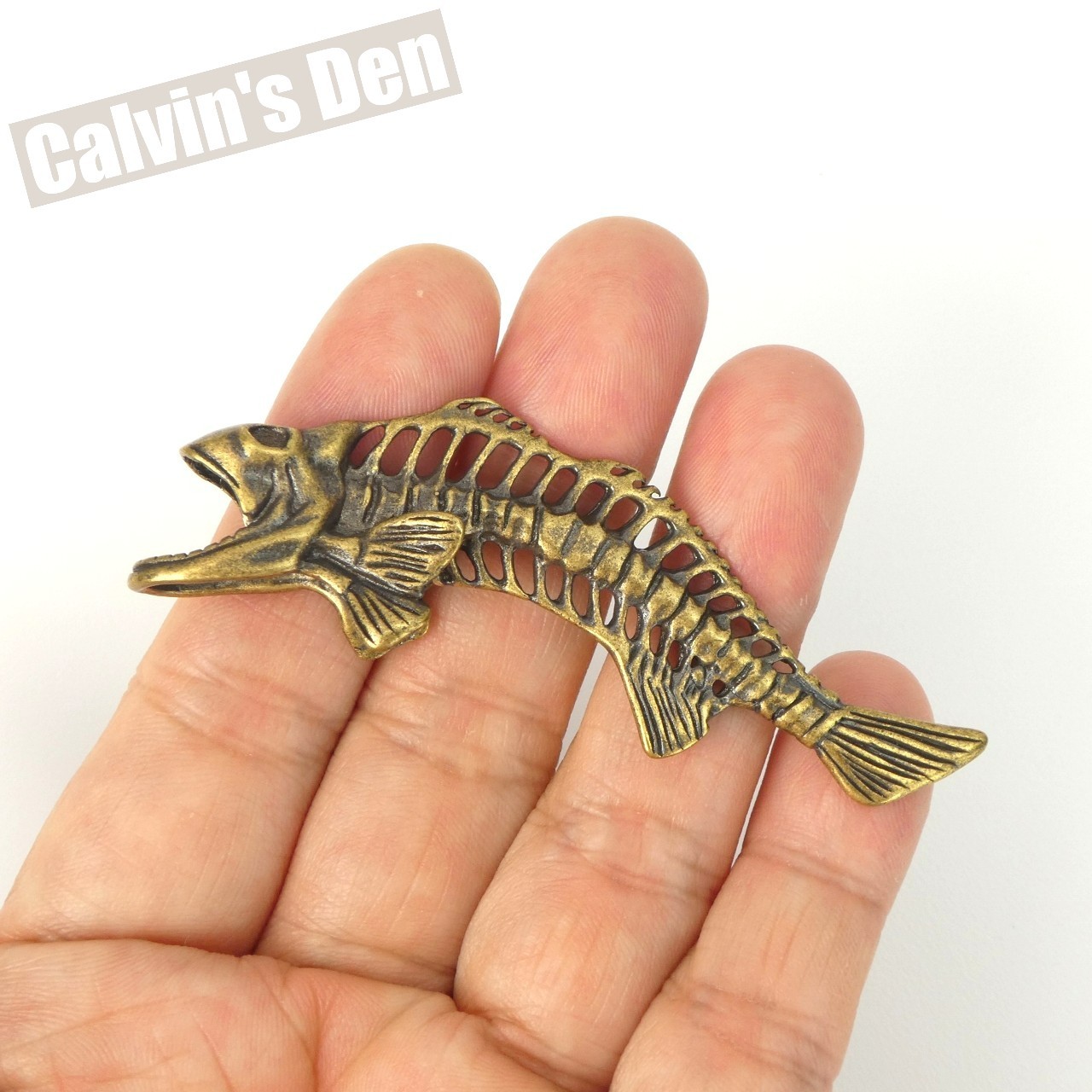 Solid Brass Fish Skeleton Fossil Style Pendant Punk Fun Gift