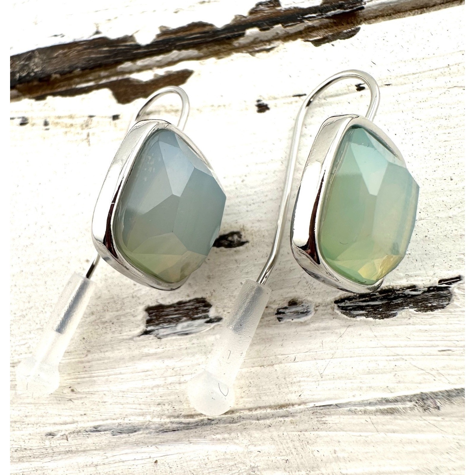 Sea Glass Faceted Acrylic Earrings on Silver Tone Ear Wires