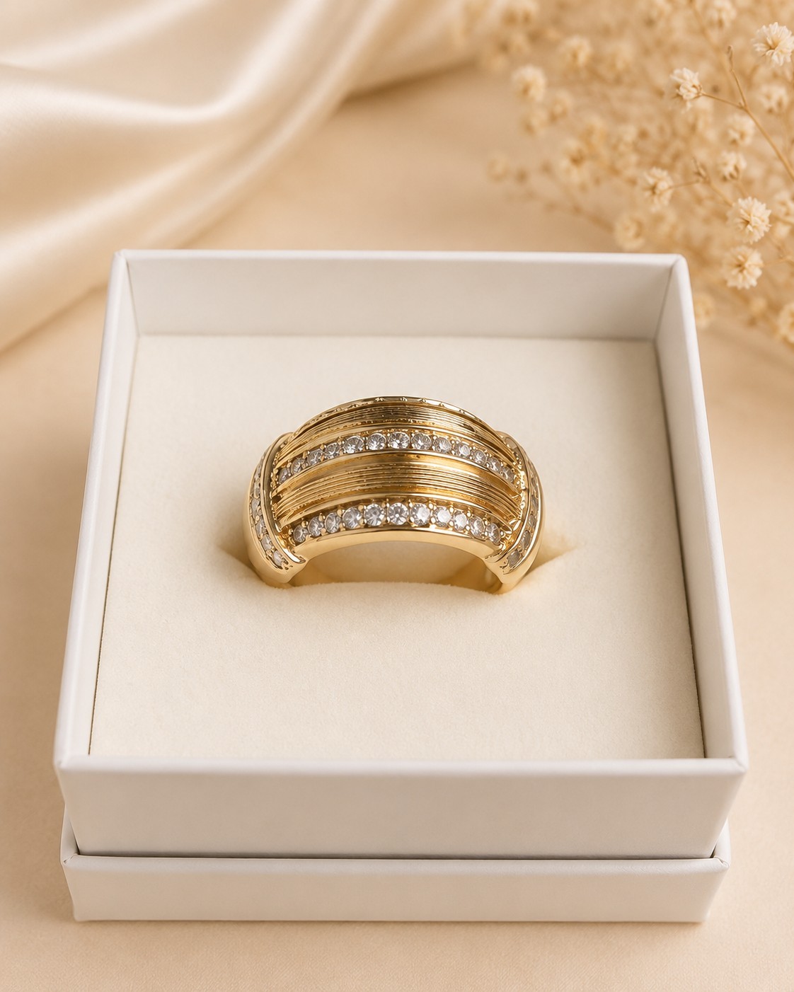 Gold Tone Wide Band Ring with Round White Cubic Zirconia Pavé Set