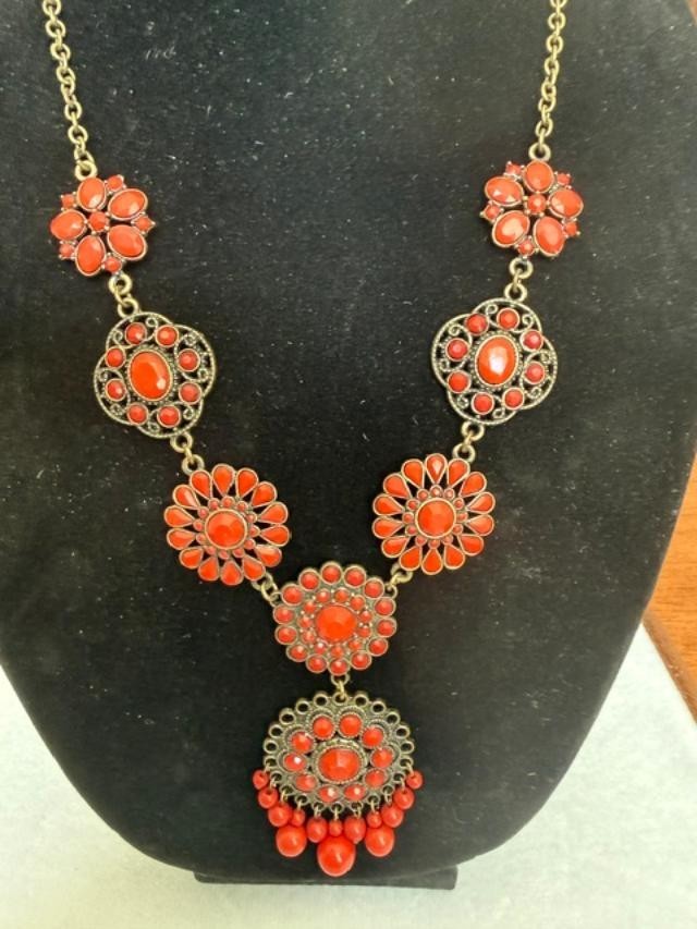 Orange Faux Coral Filigree Boho Statement Necklace 23″ + 3″ Extender