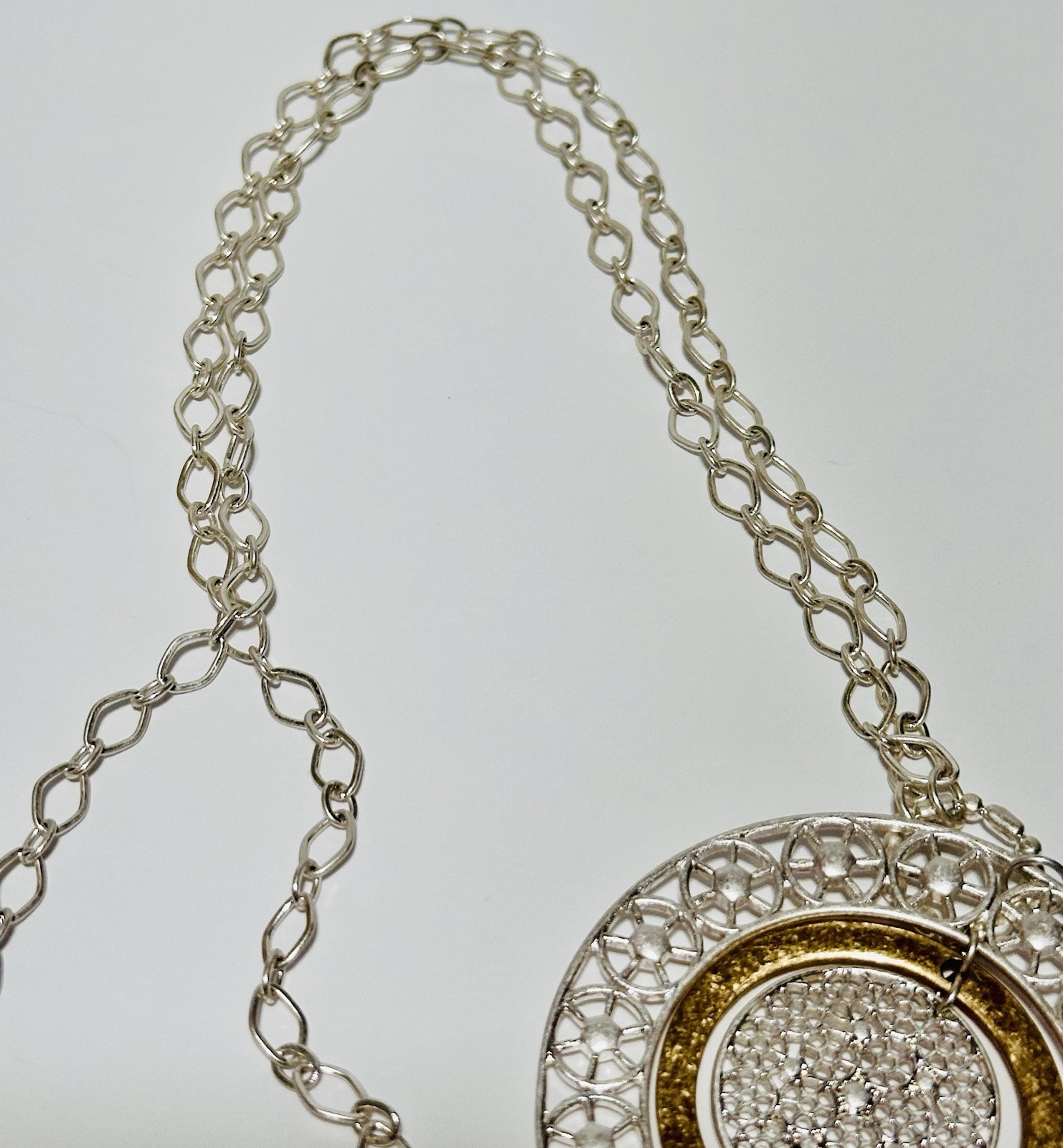 Silver Tone Necklace With 3 Circle Textured Pendants Gold And Silver Tone 31in.