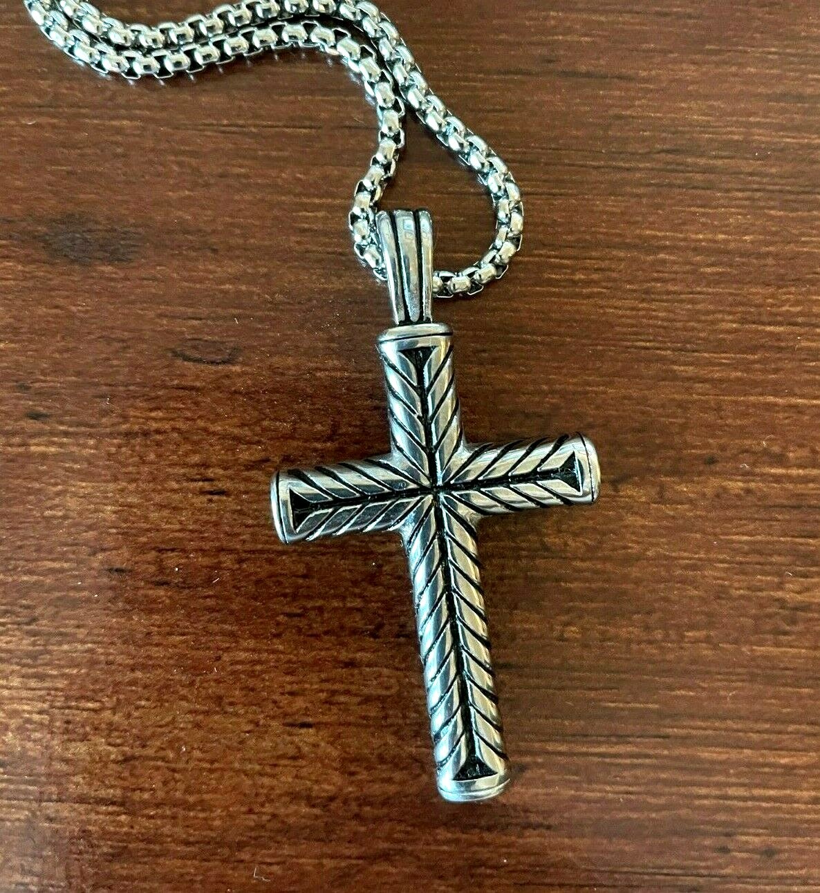 Mens Boys Stainless Steel Vintage Cross Pendant Necklace Women Silver DEZILOO
