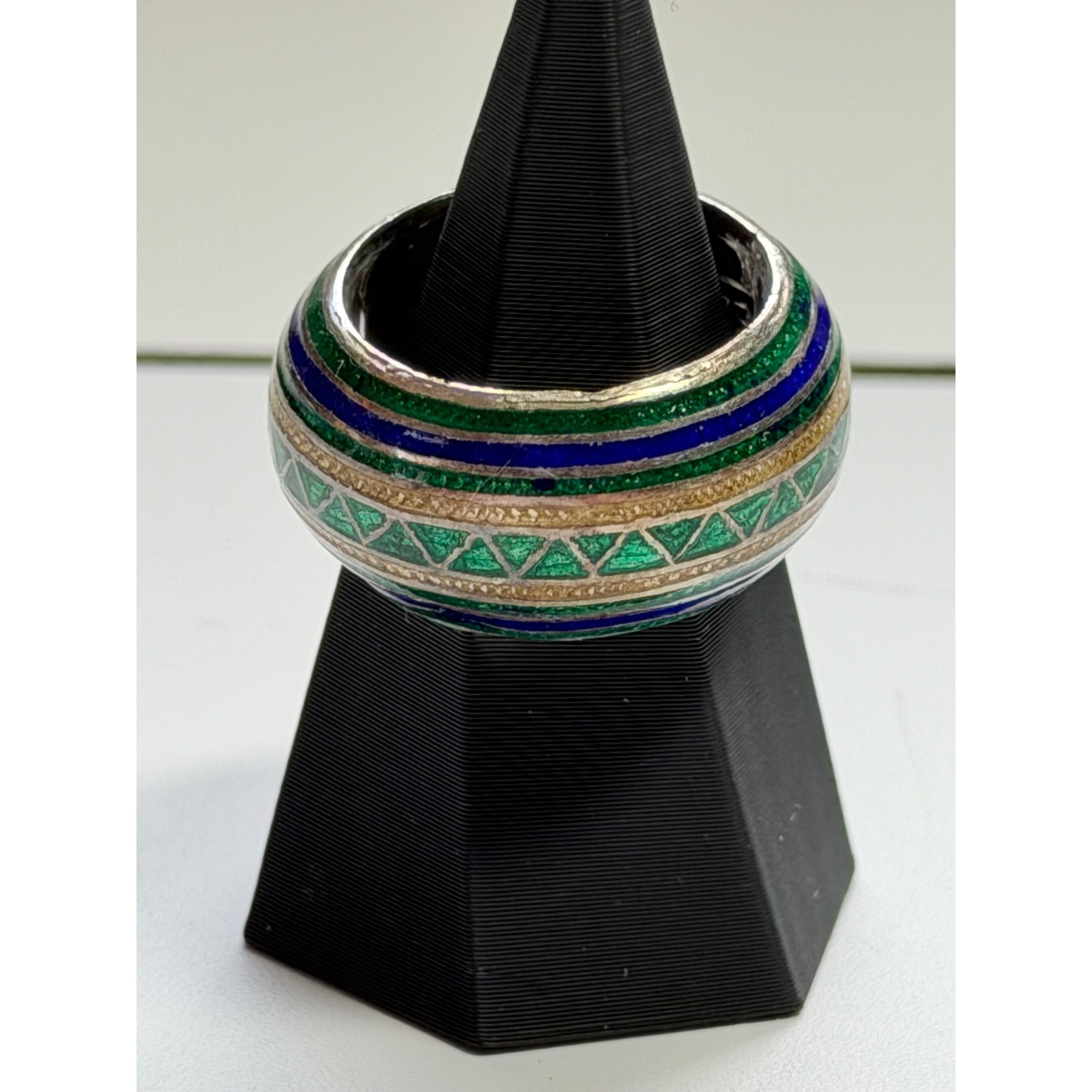 Silver 925 Sterling Silver Enamel Dome Band Ring Green Blue Gold Size 8