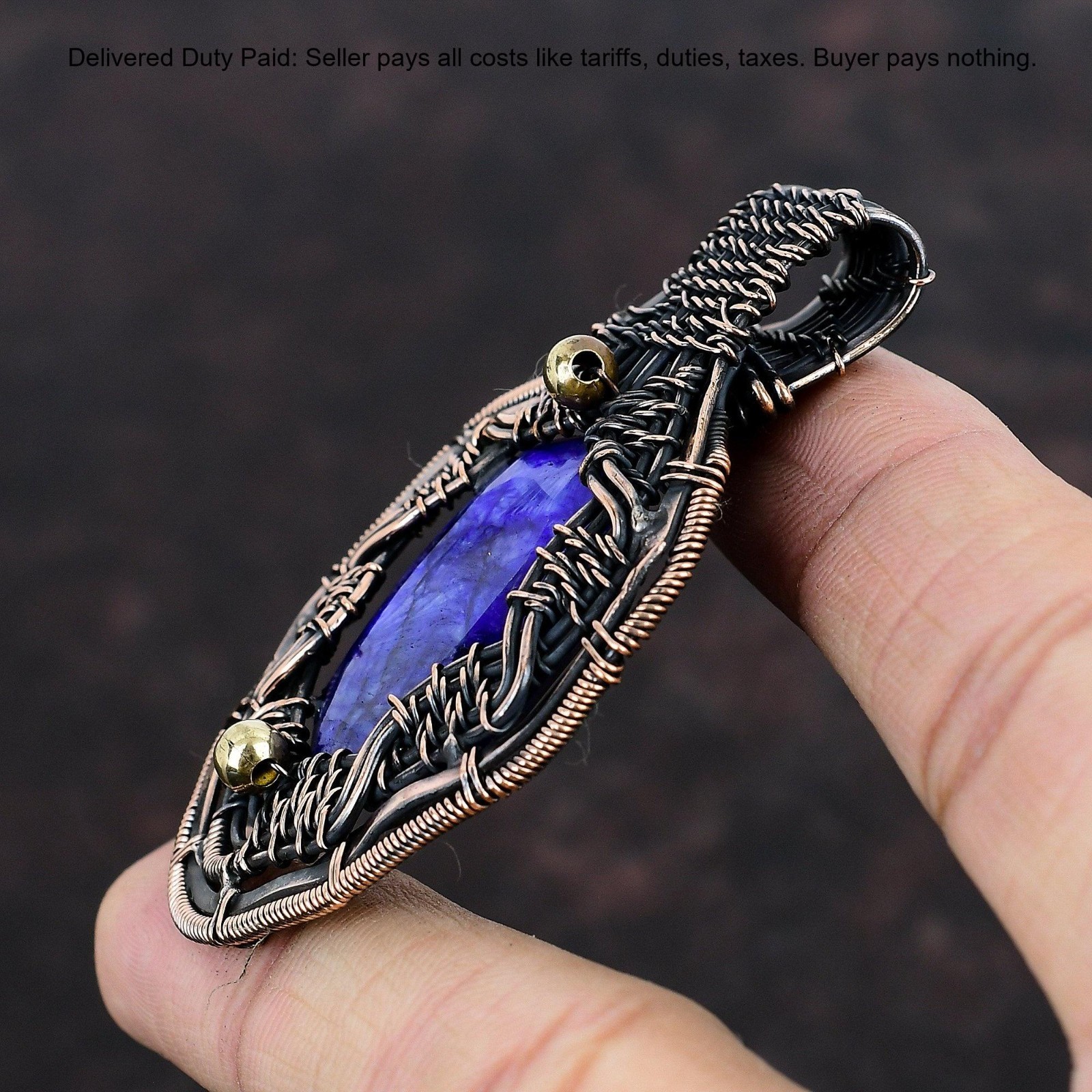 Oval Blue Saphire Gemstone Wedding Wire Wrapped Wife Boho Pendant Jewelry Copper