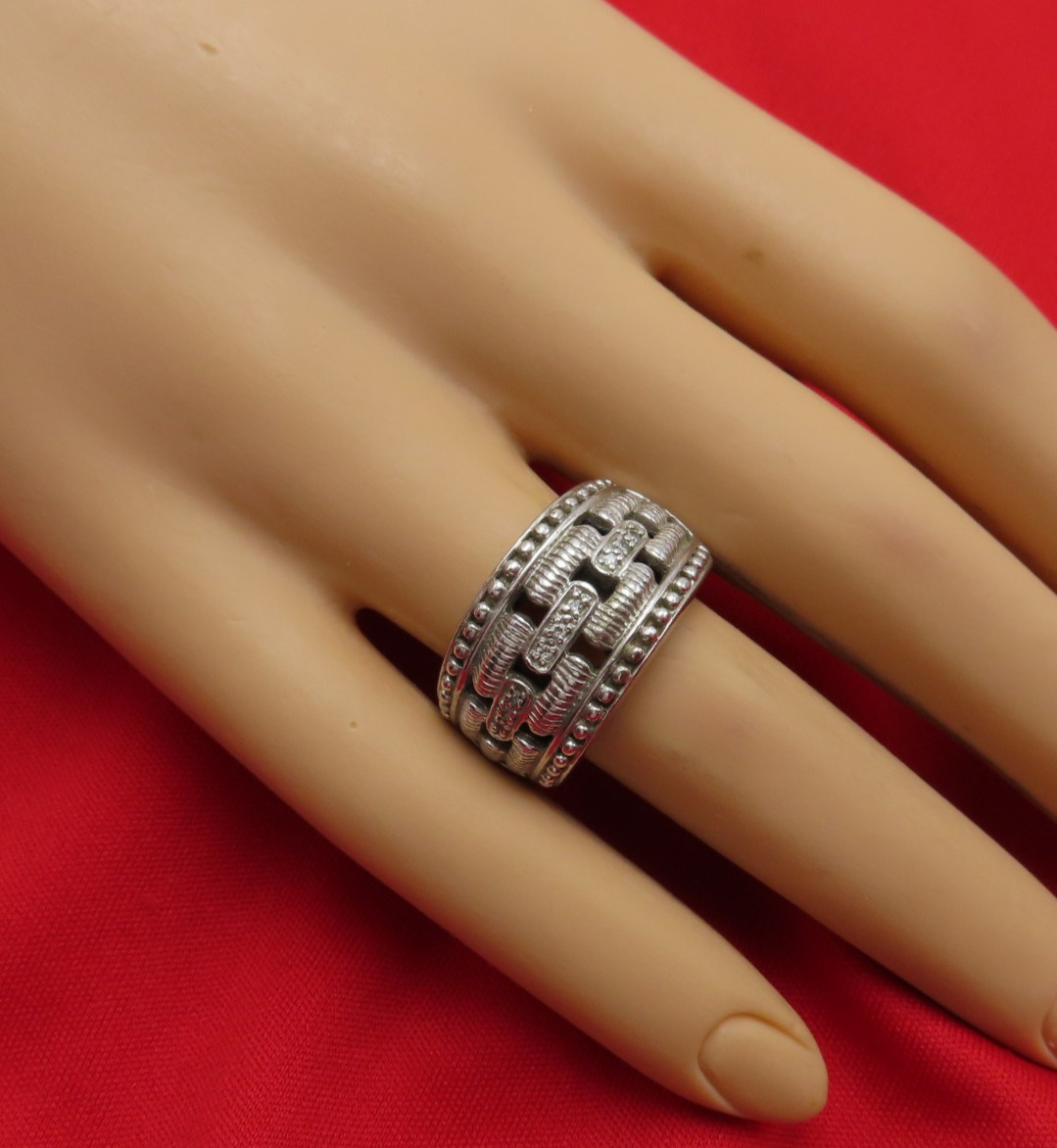 Judith Ripka Sterling Silver Ring Cocktail Clear CZ Crystal Sz 6 Wide Band 919f