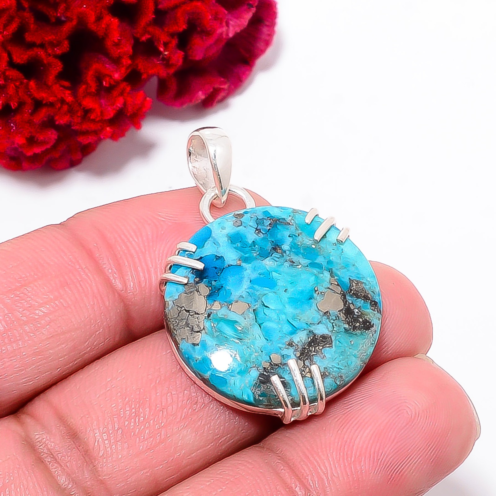 Kingman Turquoise With Pyrite Handmade 925 Sterling Silver Pendant 1.37″ P27