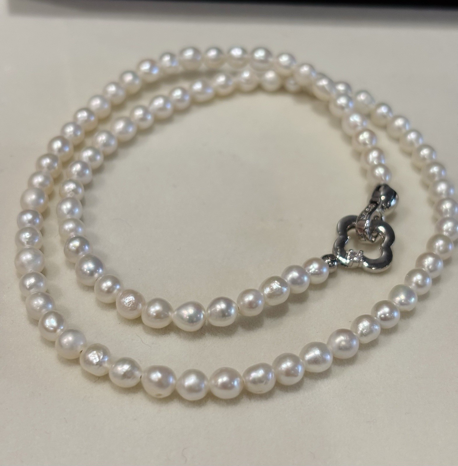 Cultured Freshwater Baroque Pearl 5mm Choker Pave CZ Clover Clasp Cream White #5