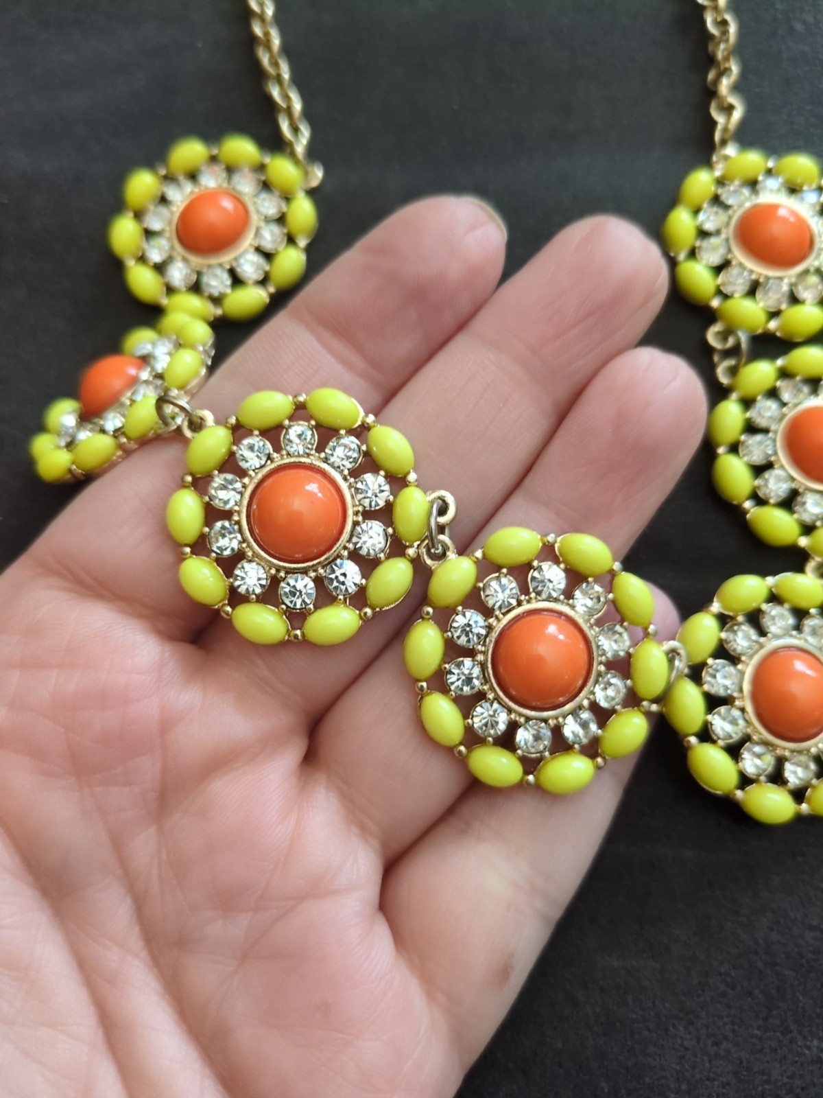 J. Crew Necklace 21″ With Extender, Rosettes Orange, Yellow, White Rhinestones