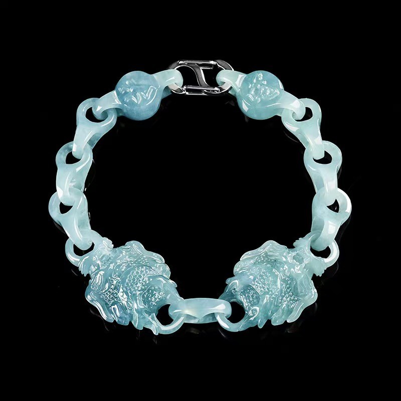 Real Grade A Natural Green Jade Jadeite Double Dragon Chain Bracelet