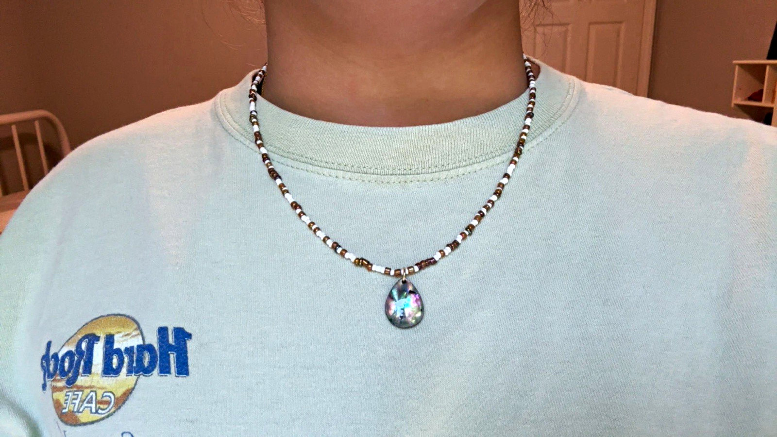 handmade Beaded Necklace with Teardrop Abalone Charm Pendant