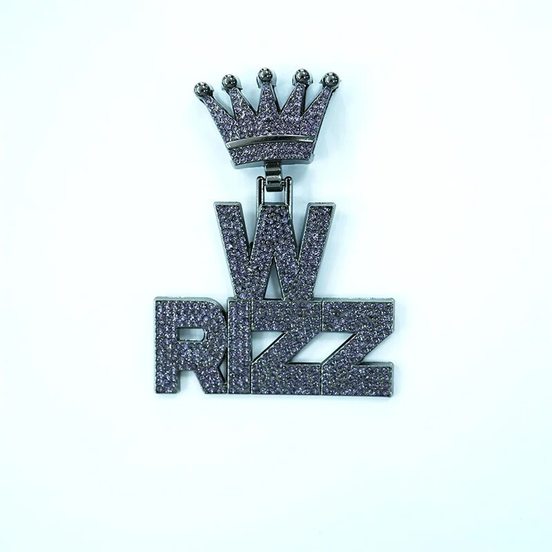 Iced W Rizz Crown Pendant Necklace CZ Bling Hip Hop Miami Cuban Link Chain Mens