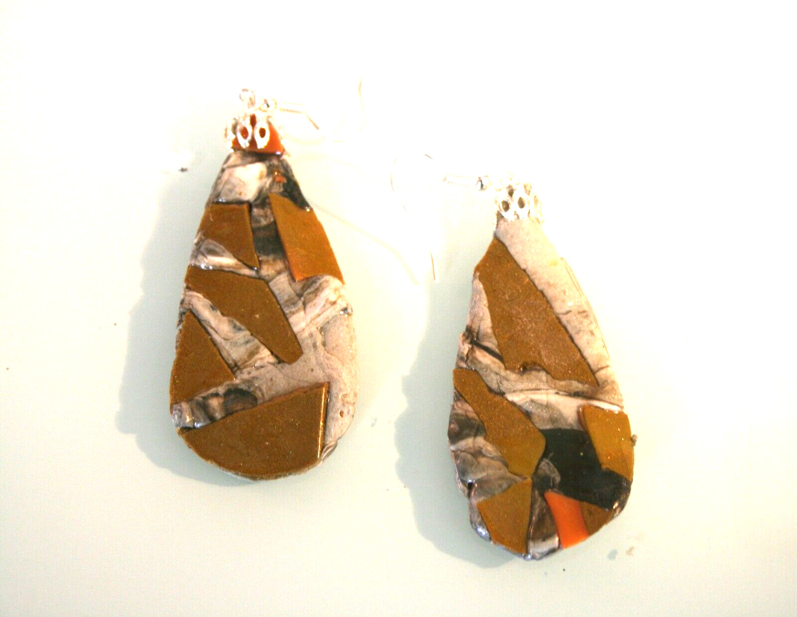 Sterling silver hook faux Bisbee Jasper polymer clay dangle earrings 2 3/4″